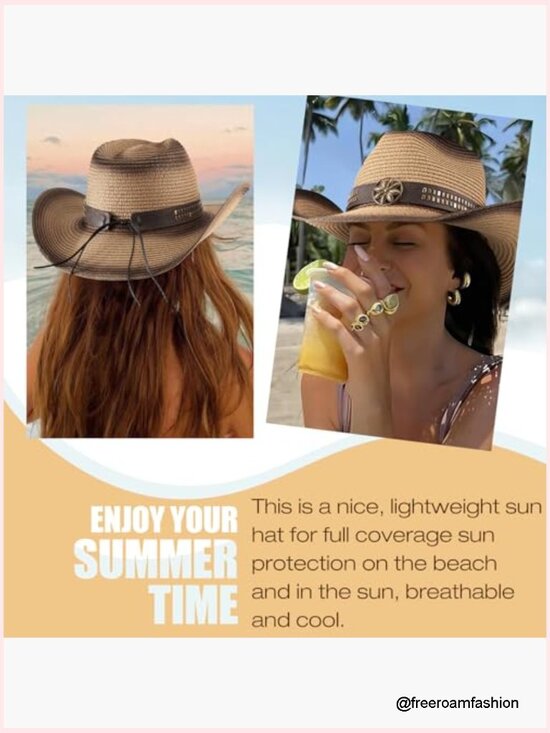 Straw Cowboy Hat with Shapeable Brim, Breathable Woven Hollow Out, Adjustable, main image 5